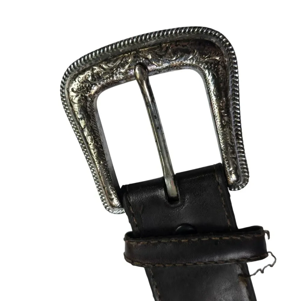 Mens Vintage Nadim Belt Leather Conch Western Size 40 Brown 90s Cowboy Silver